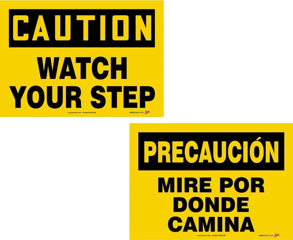 AccuformNMC MTMA163 Bilingual OSHA Caution Safety Sign Pack, Watch Your Step, PF-Cardstock, 10" H x 14" W, 10/Pk