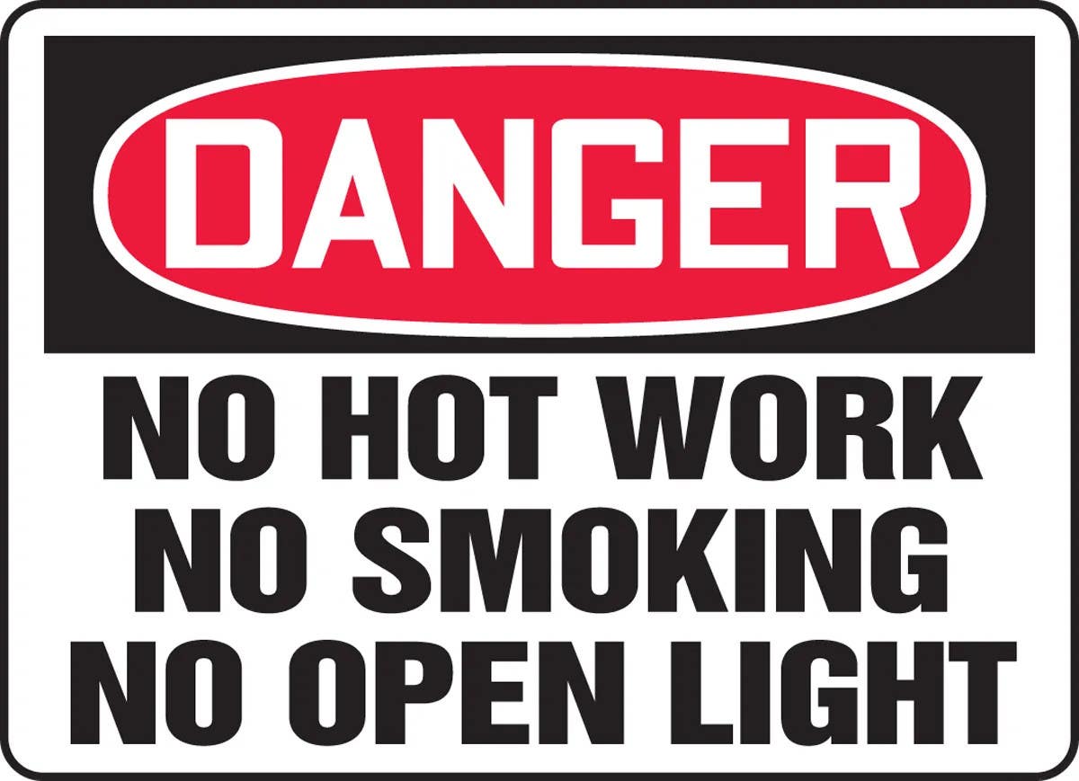 AccuformNMC MWLD014 OSHA Danger Safety Sign, No Hot Work, No Smoking, No Open Light, 10" H x 14" W