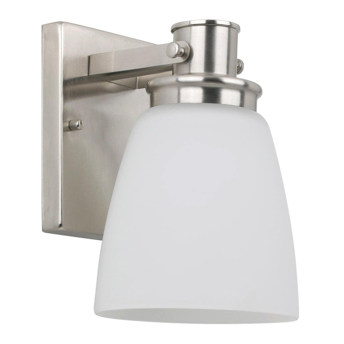 Design House 589515 Atkinson 1-Light Wall Light w/ Bell-Shaped Frosted Glass In Satin Nickel