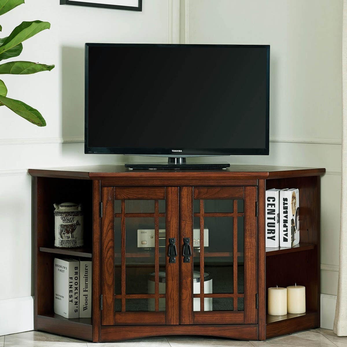 Design House 82287 Mission Oak Corner TV Stand w/ Bookcases