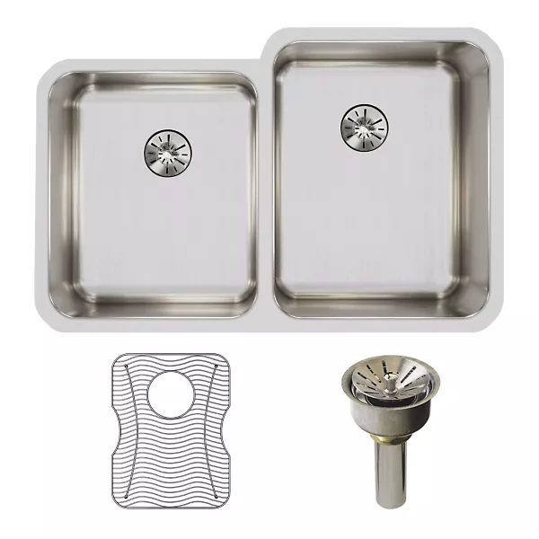 Elkay ELUH3120 Lustertone Classic Stainless Steel Double Bowl Undermount Sink Kit with Perfect Drain