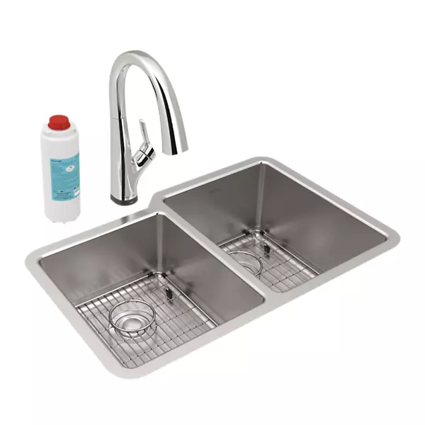 Elkay ELUH312 Lustertone Iconix Stainless Steel Double Bowl Undermount Sink Kit w/ Filtered Faucet