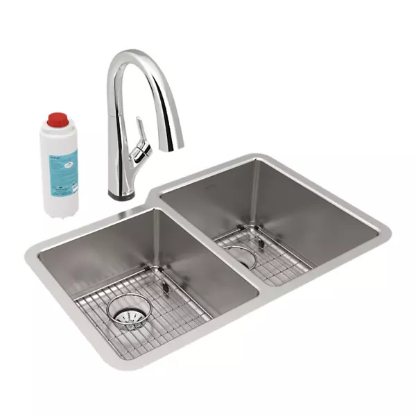 Elkay ELUHH31 Lustertone Iconix Stainless Steel 31-1/4" x 20-1/2" Double Bowl Undermount Sink Kit w/ Perfect Drain