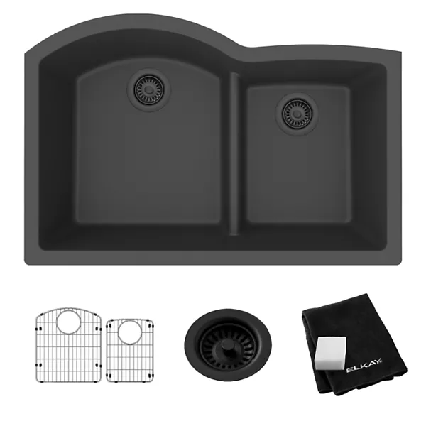 Elkay ELGHU3322 Quartz Classic 33" x 22" x 10", Offset 60/40 Double Bowl Undermount Sink Kit w/ Aqua Divide