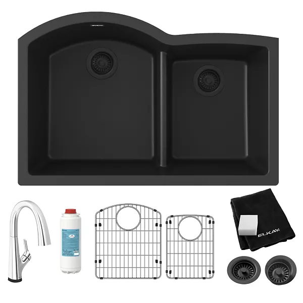 Elkay ELGHU33 Quartz Classic 33" x 22" x 10" Offset 60/40 Double Bowl Undermount Sink Kit with Filtered Faucet w/ Aqua Divide
