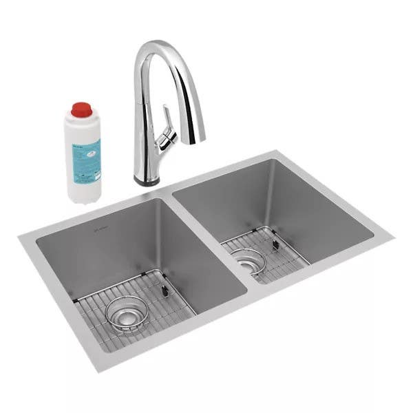 Elkay EFRU311810TFLC Crosstown Stainless Steel Equal Double Bowl Undermount Sink Kit w/ Filtered Faucet