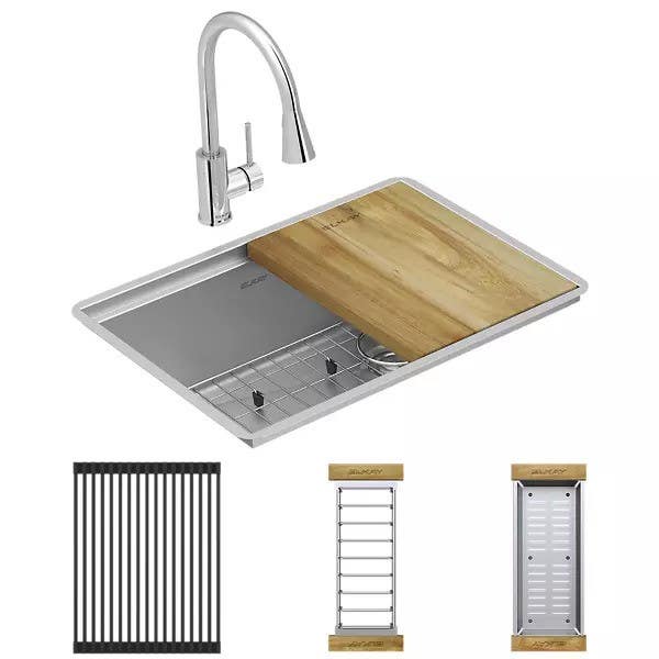 Elkay ECTRU24169RTFCW Crosstown Workstation Stainless Steel 25-1/2" Single Bowl Undermount Sink & Faucet and rear Kit