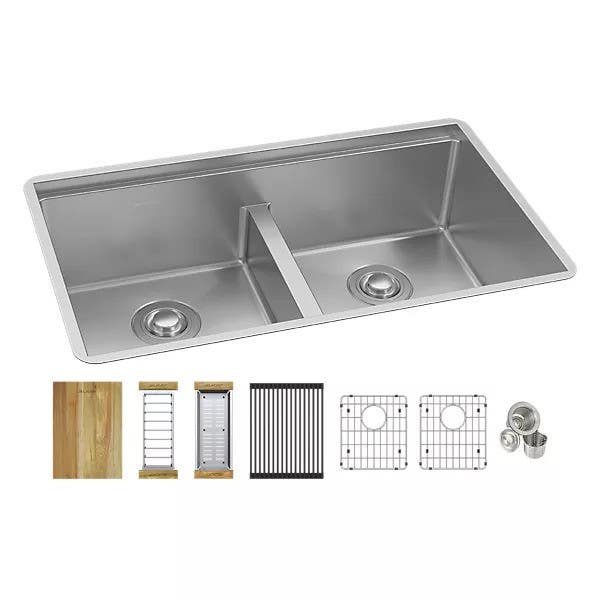 Elkay EFRUAQ31169TWC Crosstown Workstation Stainless Steel 31-1/2" Equal Double Bowl Sink Kit w/ Aqua Divide