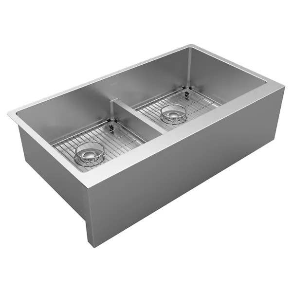 Elkay EFRUFFA3417 Crosstown Stainless Steel 35-7/8" x 20-1/4" Equal Double Bowl Tall Farmhouse Sink w/ Aqua Divide