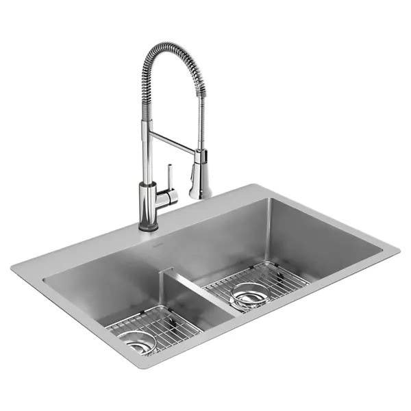 Elkay ECTSRA33229TFC Crosstown Stainless Steel 1-Hole Equal Double Bowl Dual Mount Sink Kit w/ Aqua Divide and Faucet