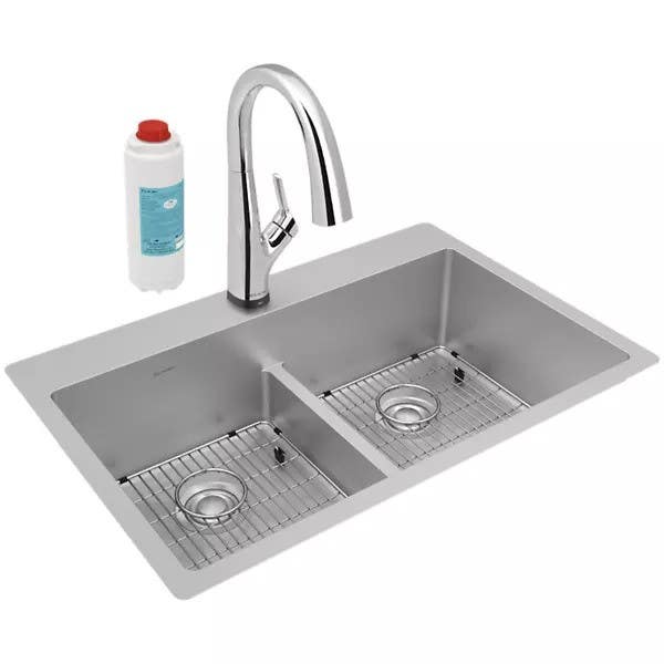 Elkay ECTSRA33229TFLC Crosstown Stainless Steel Equal Double Bowl Dual Mount Sink Kit & Filtered Faucet w/ Aqua Divide