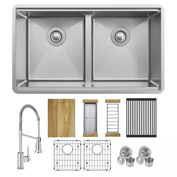 Elkay ECTRUA31169TFCW Crosstown Workstation Stainless Steel Equal Double Bowl Undermount Sink & Faucet Kit w/ Aqua Divide