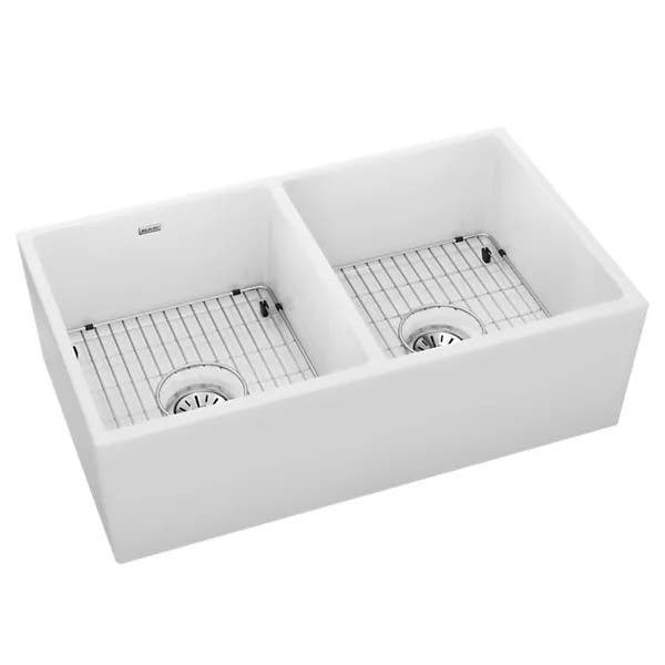 Elkay SWUF32189 Fireclay 33" x 19-15/16" x 9" Equal Double Bowl Farmhouse Sink, Finish - White