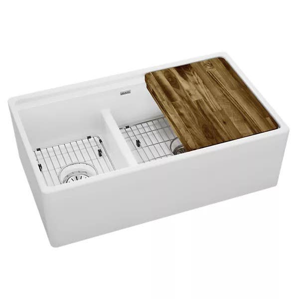 Elkay F23320CBWHC Fireclay Double Bowl Farmhouse Workstation Sink Kit w/ Aqua Divide, Finish - White