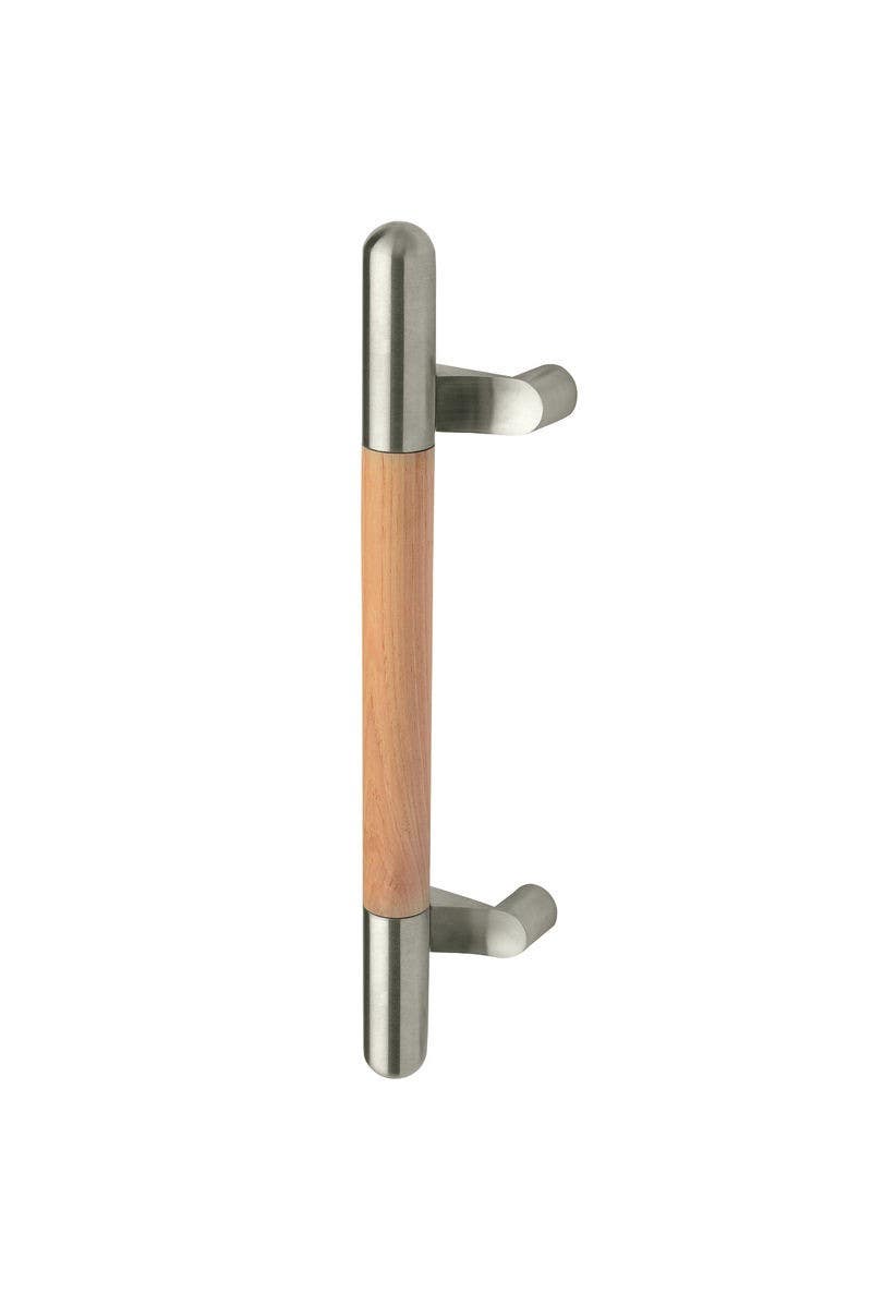Rockwood RM4034MP/44MP/54MP ArborMet, Offset Wood Grip Door Pull w/ Mid-Post, Round Ends, Hickory, Sanded Unfinished