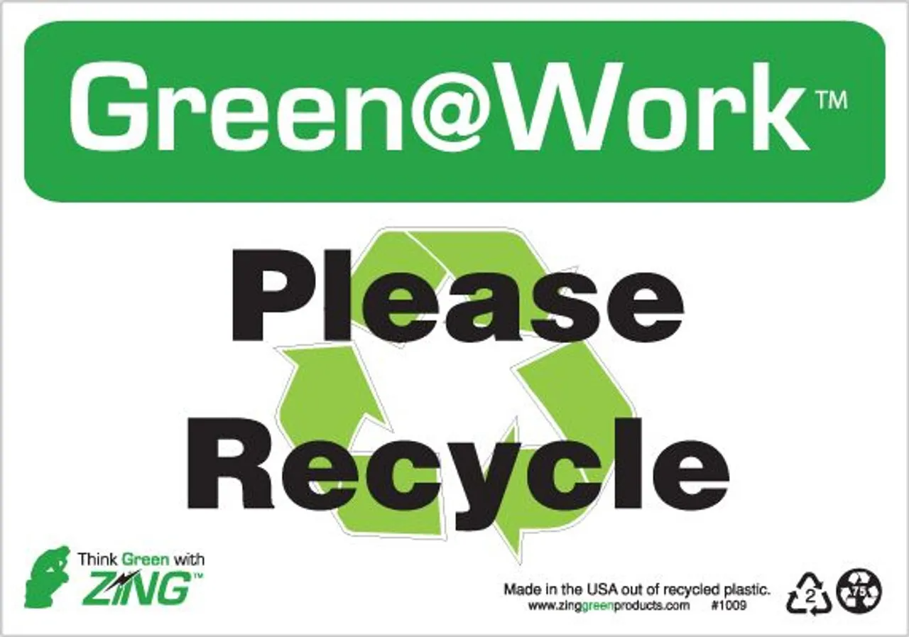 ZING 1009 Green at Work Sign, Please Recycle, Recycle Symbol, 7Hx10W, Recycled Plastic