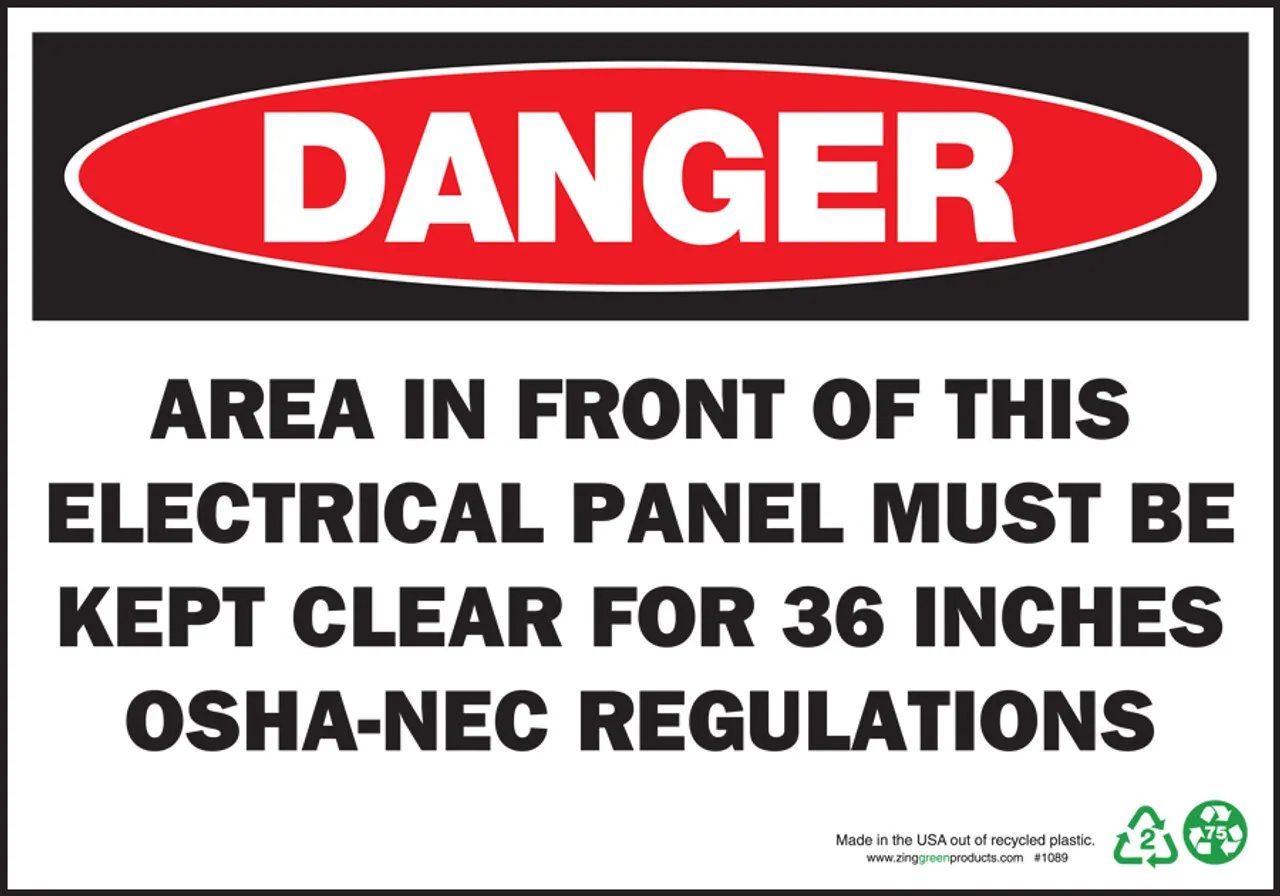 ZING Danger Sign, Area In Front Of Electrical Panel Must Be Kept Clear