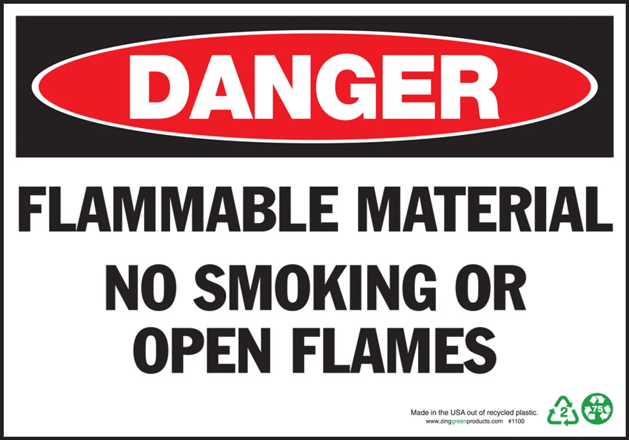 ZING Danger Sign, Flammable Materials No Smoking Or Open Flames