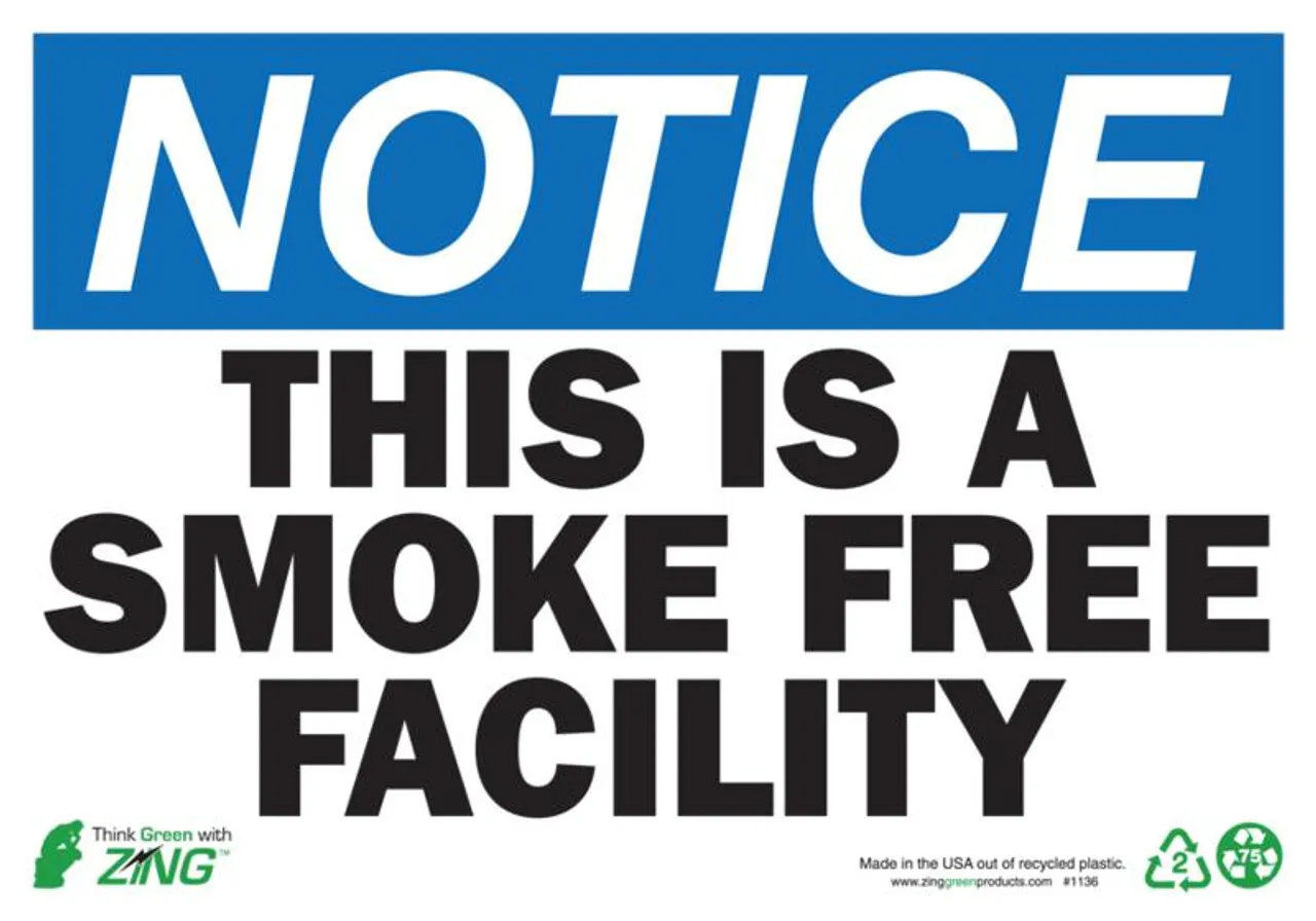 ZING Eco Safety Sign, NOTICE This is a Smoke Free Facility