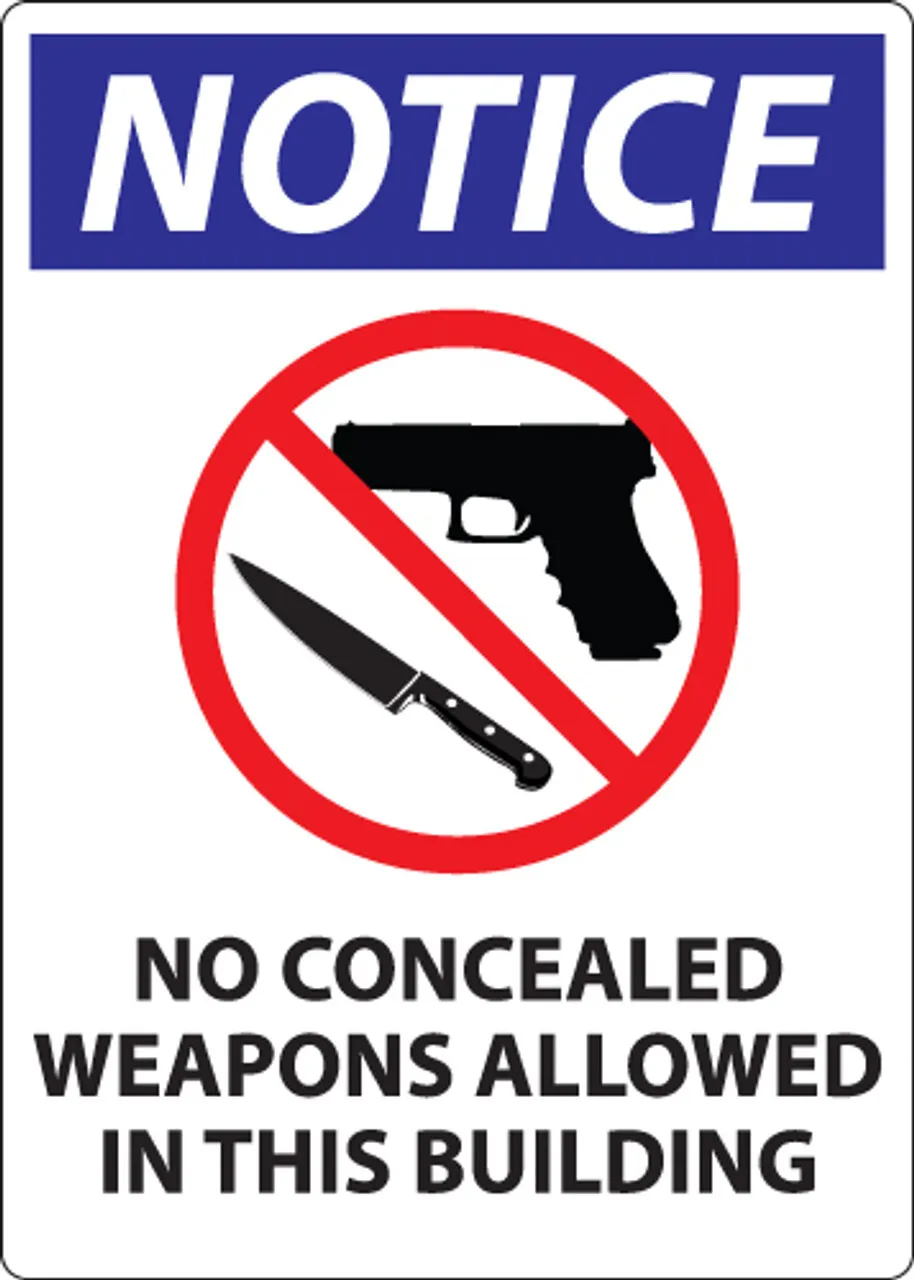 ZING Concealed Carry Sign, Notice No Concealed Weapons