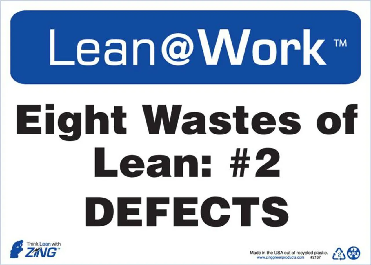 ZING 2167 Lean at Work Sign, Eight Wastes Defects, 10Hx14W, Recycled Plastic