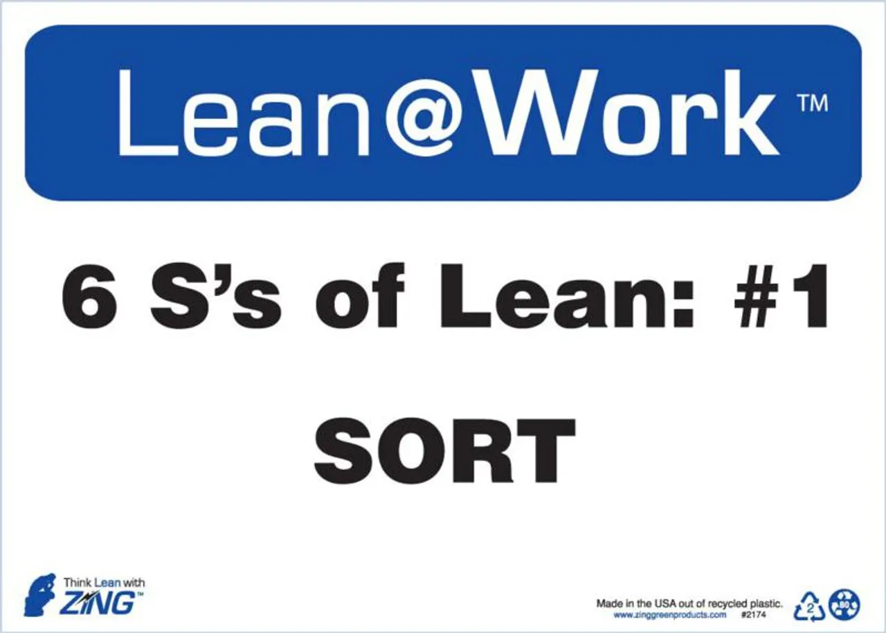 ZING 2174 Lean at Work Sign, Six Ss Lean Sort, 10Hx14W, Recycled Plastic
