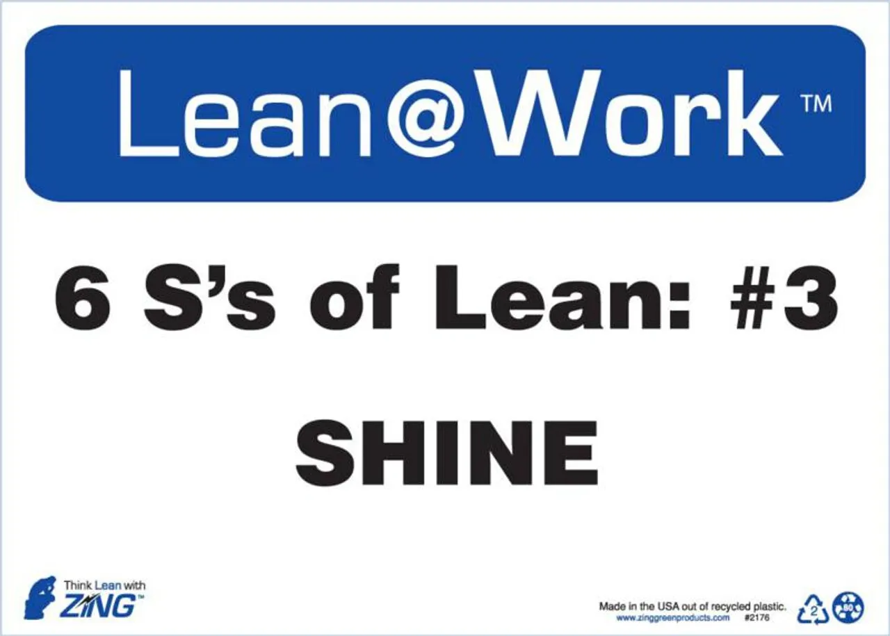 ZING 2176 Lean at Work Sign, Six Ss Lean Shine, 10Hx14W, Recycled Plastic