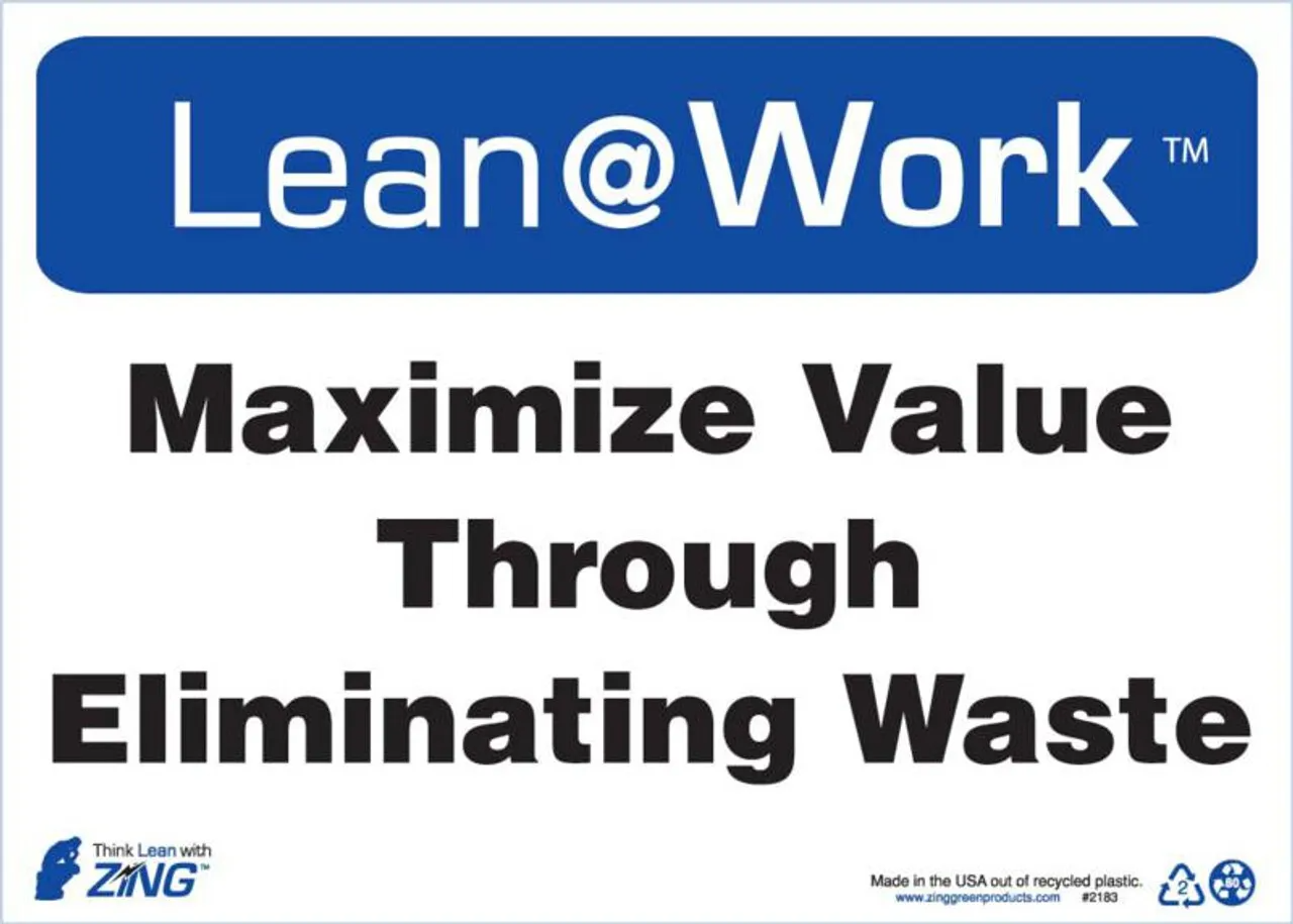 ZING 2183 Lean at Work Sign, Eliminating Waste, 10Hx14W, Recycled Plastic