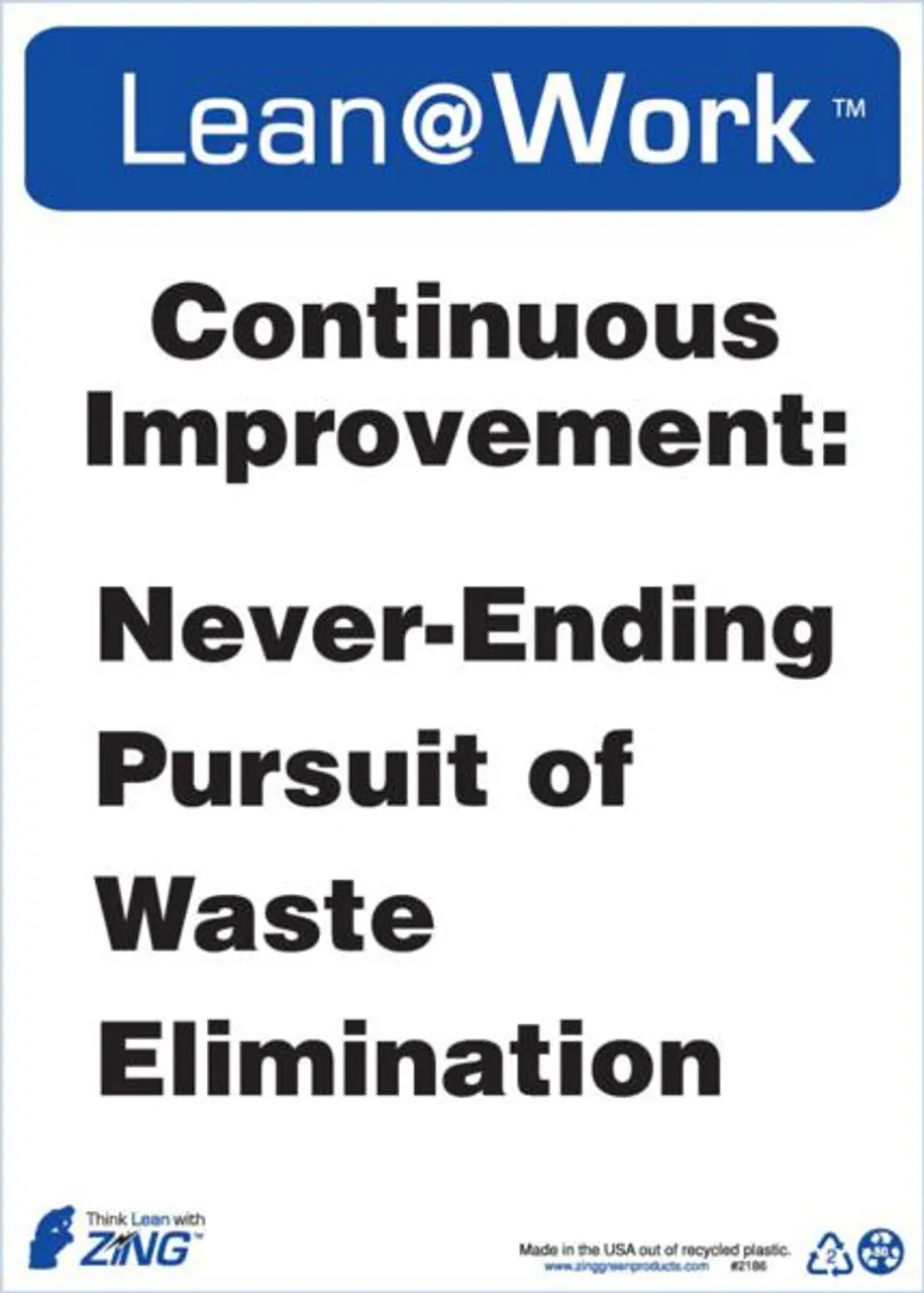 ZING 2186 Lean at Work Sign, Continuous Improvement, 14Hx10W, Recycled Plastic