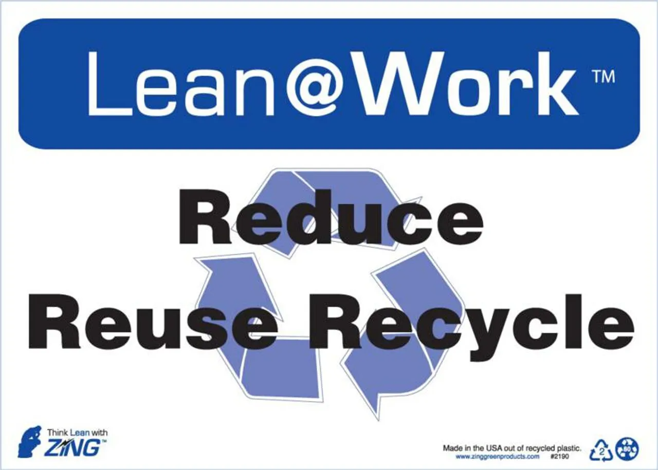 ZING 2190 Lean at Work Sign, Reduce Reuse Recycle, 10Hx14W, Recycled Plastic