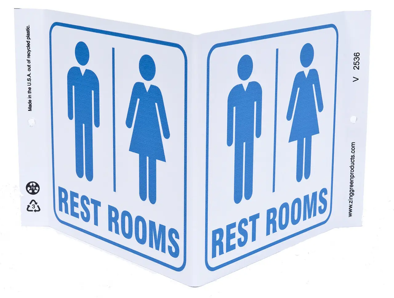 ZING 2536 Eco Public Facility V Sign, Rest Rooms, 7Hx12Wx5D, Recycled Plastic