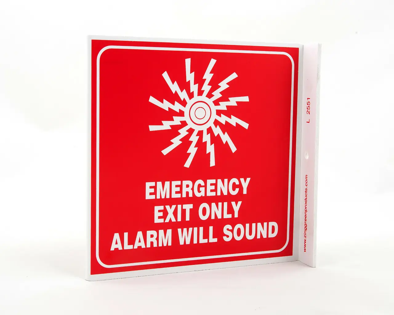 ZING 2551 Eco Safety L Sign, Emergency Exit Only, 7Hx2.5Wx7D, Recycled Plastic