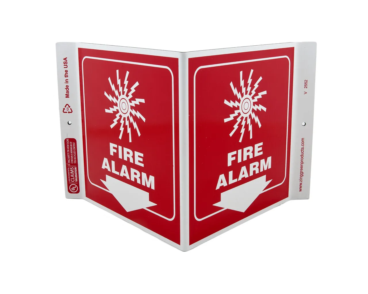 ZING 2552 Eco Safety V Sign, Fire Alarm, 7Hx12Wx5D, Recycled Plastic