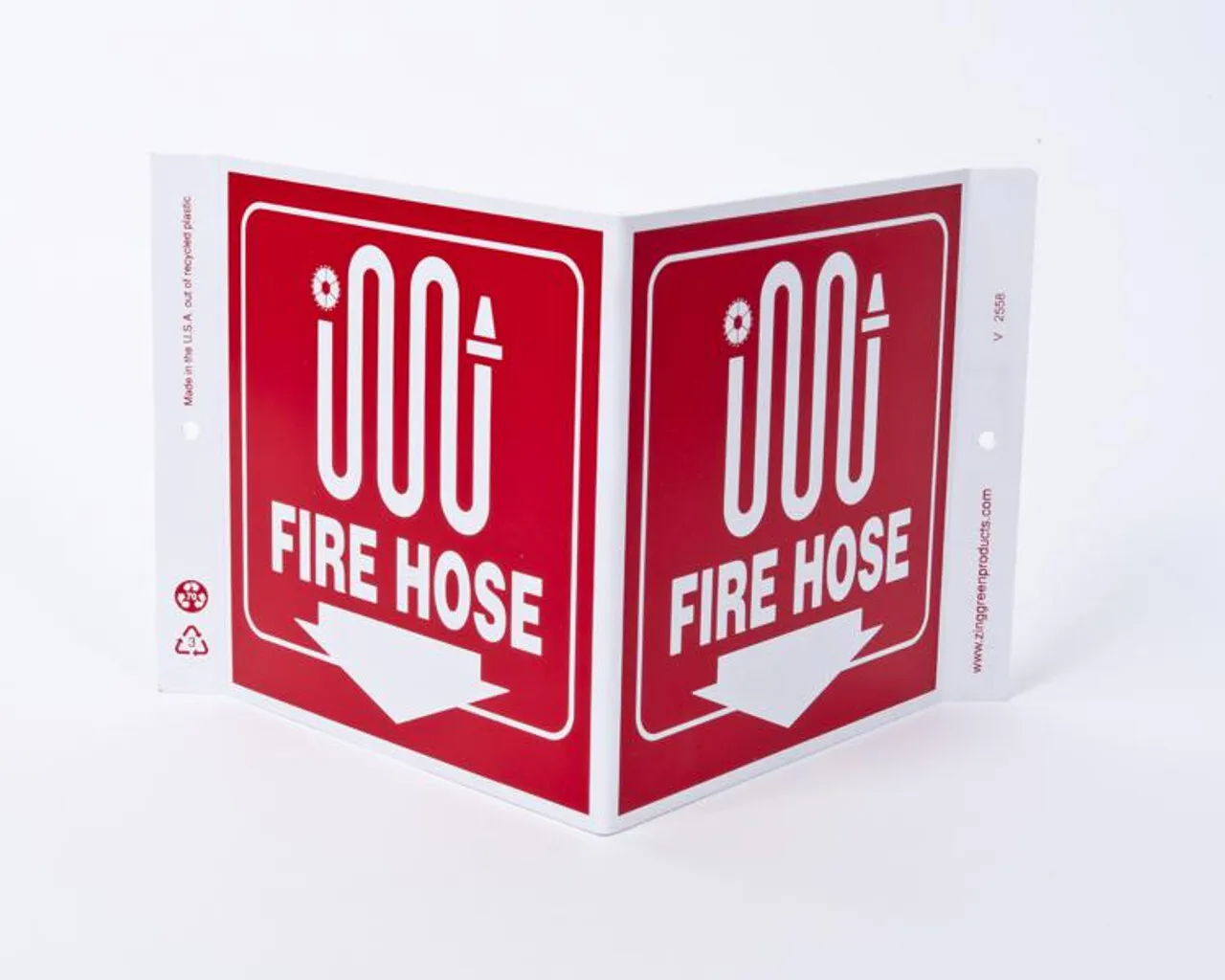 ZING 2558 Eco Safety V Sign, Fire Hose, 7Hx12Wx5D, Recycled Plastic