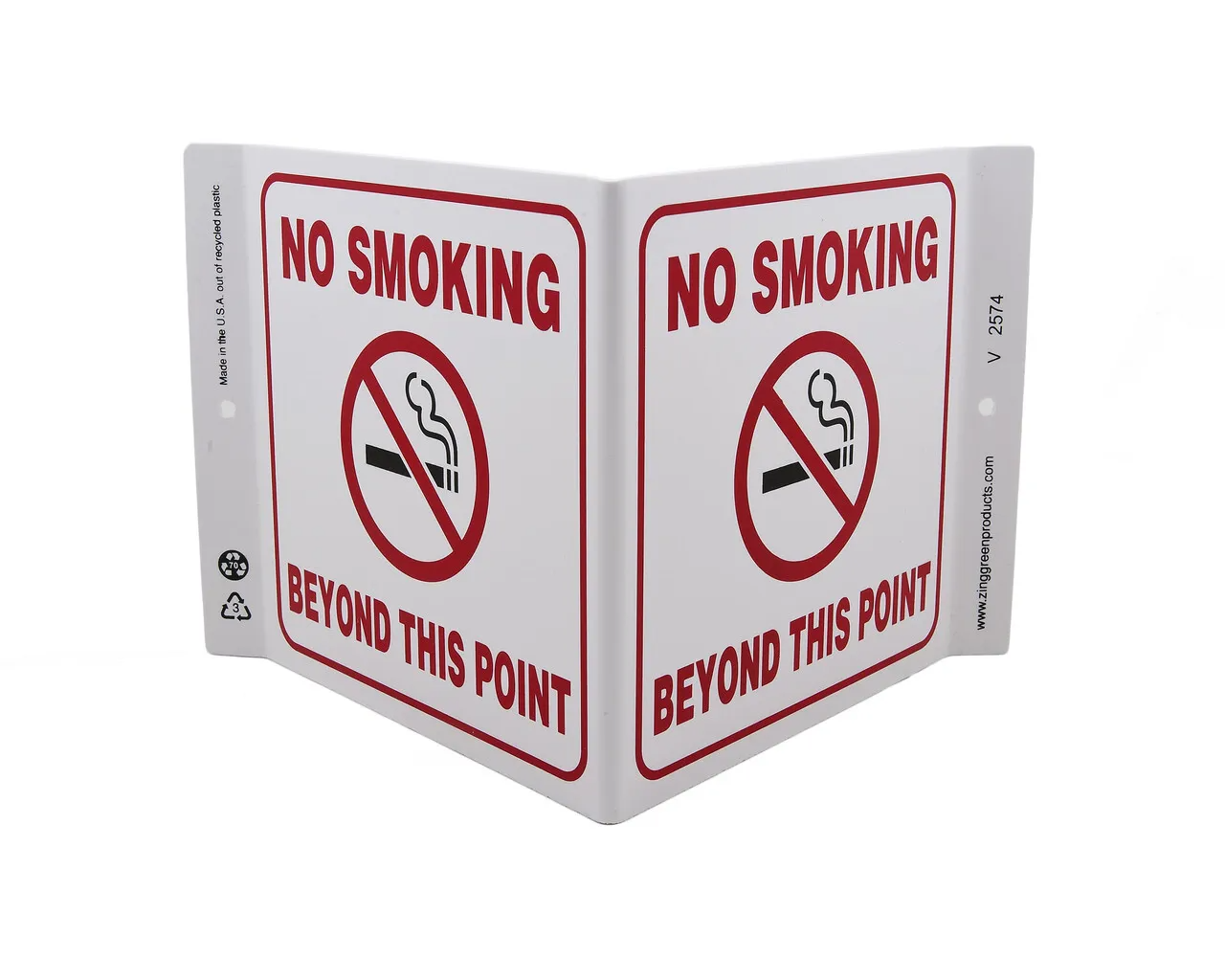 ZING 2574 Eco Safety V Sign, No Smoking Beyond Point, 7Hx12Wx5D, Recycled Plastic