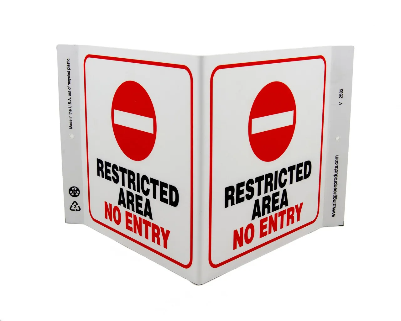 ZING 2582 Eco Safety V Sign, Restricted Area, 7Hx12Wx5D, Recycled Plastic