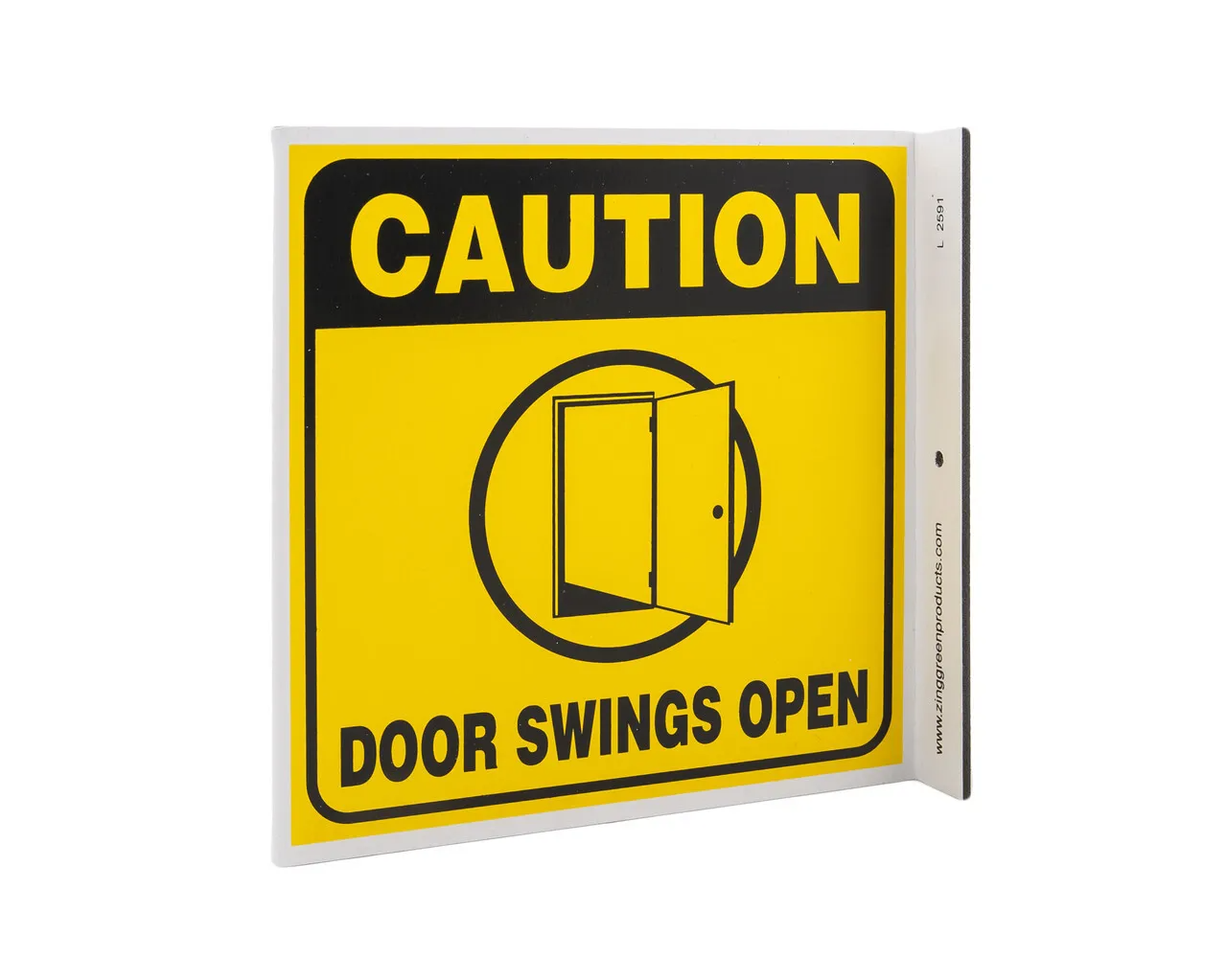 ZING 2591 Eco Safety L Sign, Caution Door Swings Open, 7Hx2.5Wx7D, Recycled Plastic