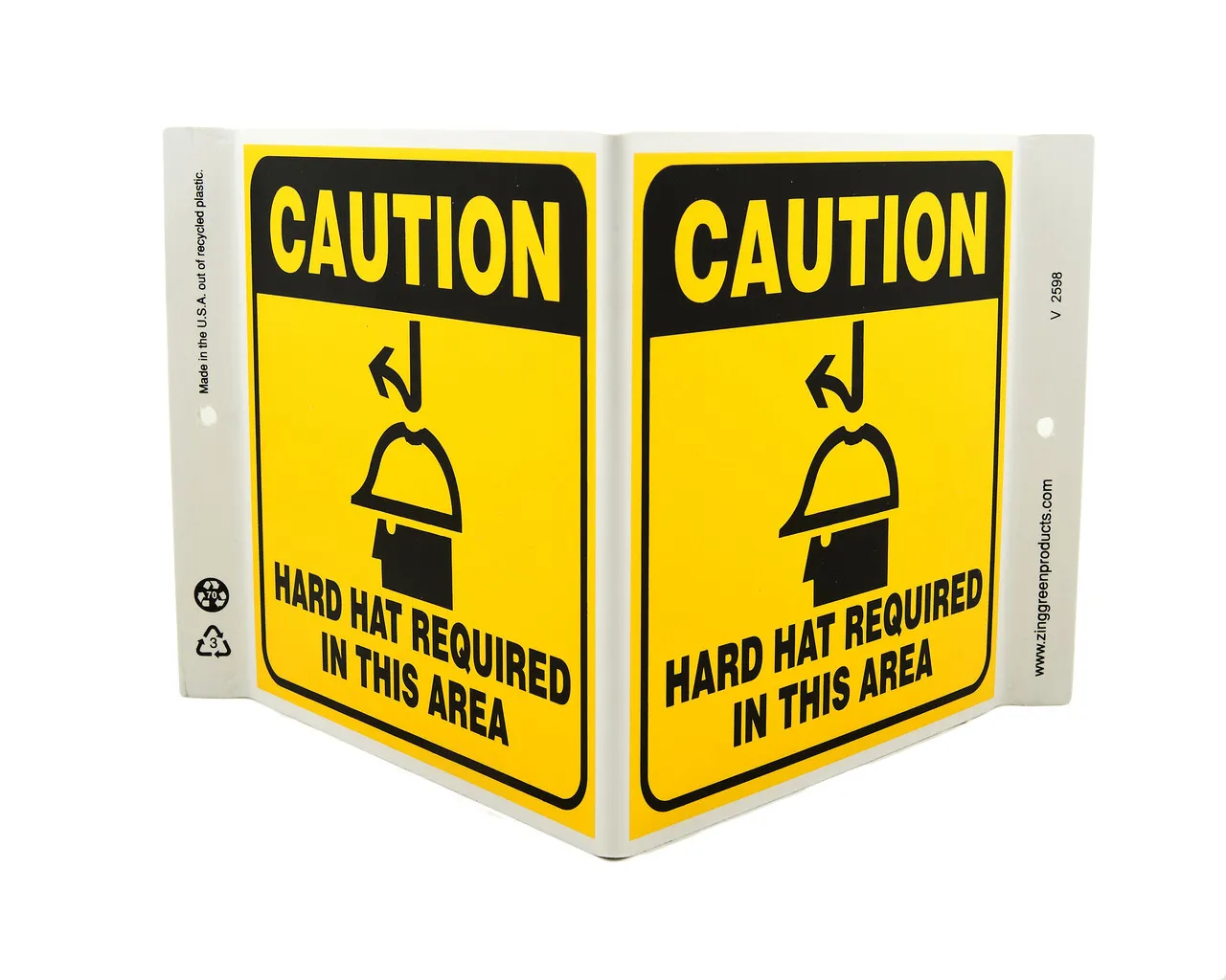 ZING 2598 Eco Safety V Sign, Caution Hardhat Area, 7Hx12Wx5D, Recycled Plastic