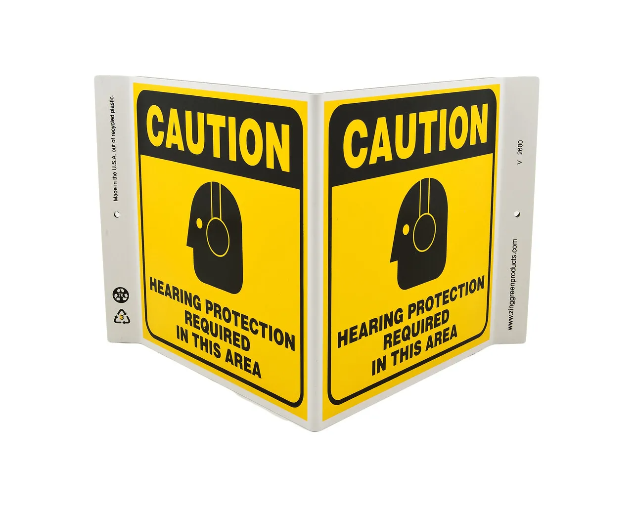 ZING 2600 Eco Safety V Sign, Hearing Protection Required, 7Hx12Wx5D, Recycled Plastic