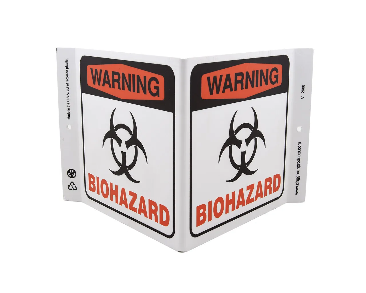 ZING 2608 Eco Safety V Sign, Warning BioHazard, 7Hx12Wx5D, Recycled Plastic
