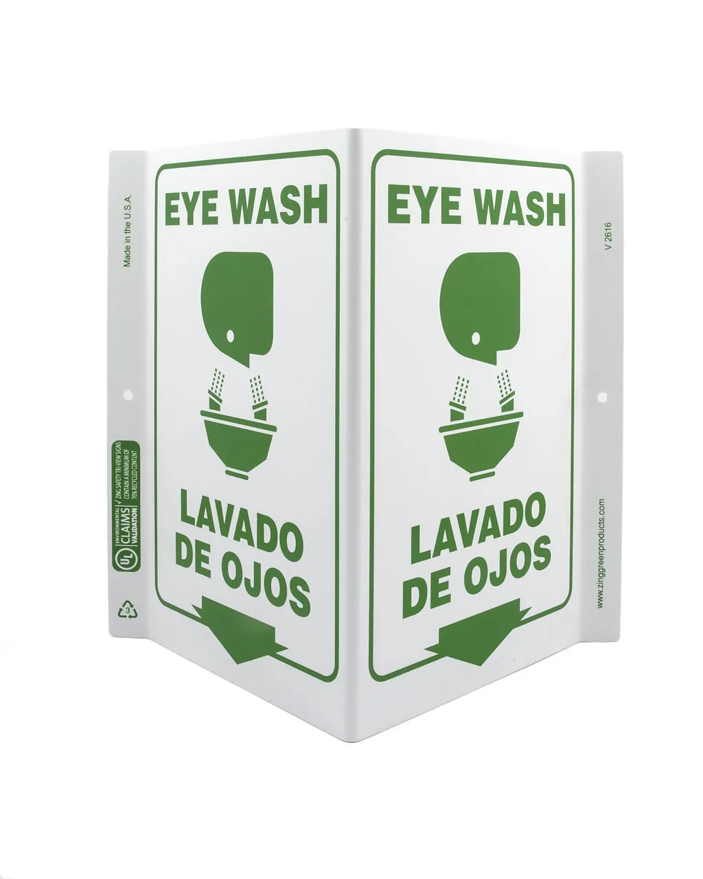 ZING 2616 Eco Safety V Sign, Eye Wash Bilingual, 11Hx7Wx5D, Recycled Plastic