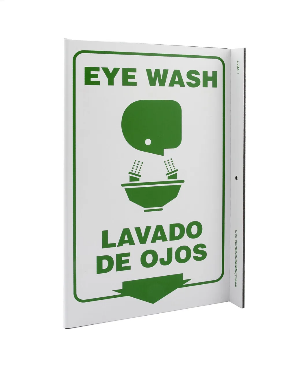 ZING 2617 Eco Safety L Sign, Eye Wash Bilingual, 11Hx2.5Wx8D, Recycled Plastic