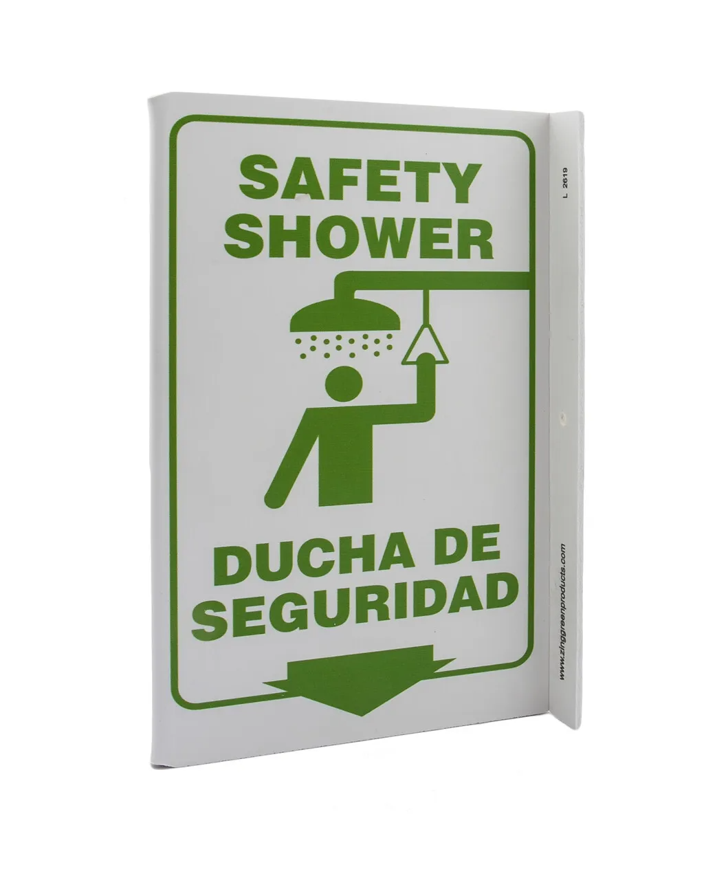 ZING 2619 Eco Safety L Sign, Safety Shower Bilingual, 11Hx2.5Wx8D, Recycled Plastic