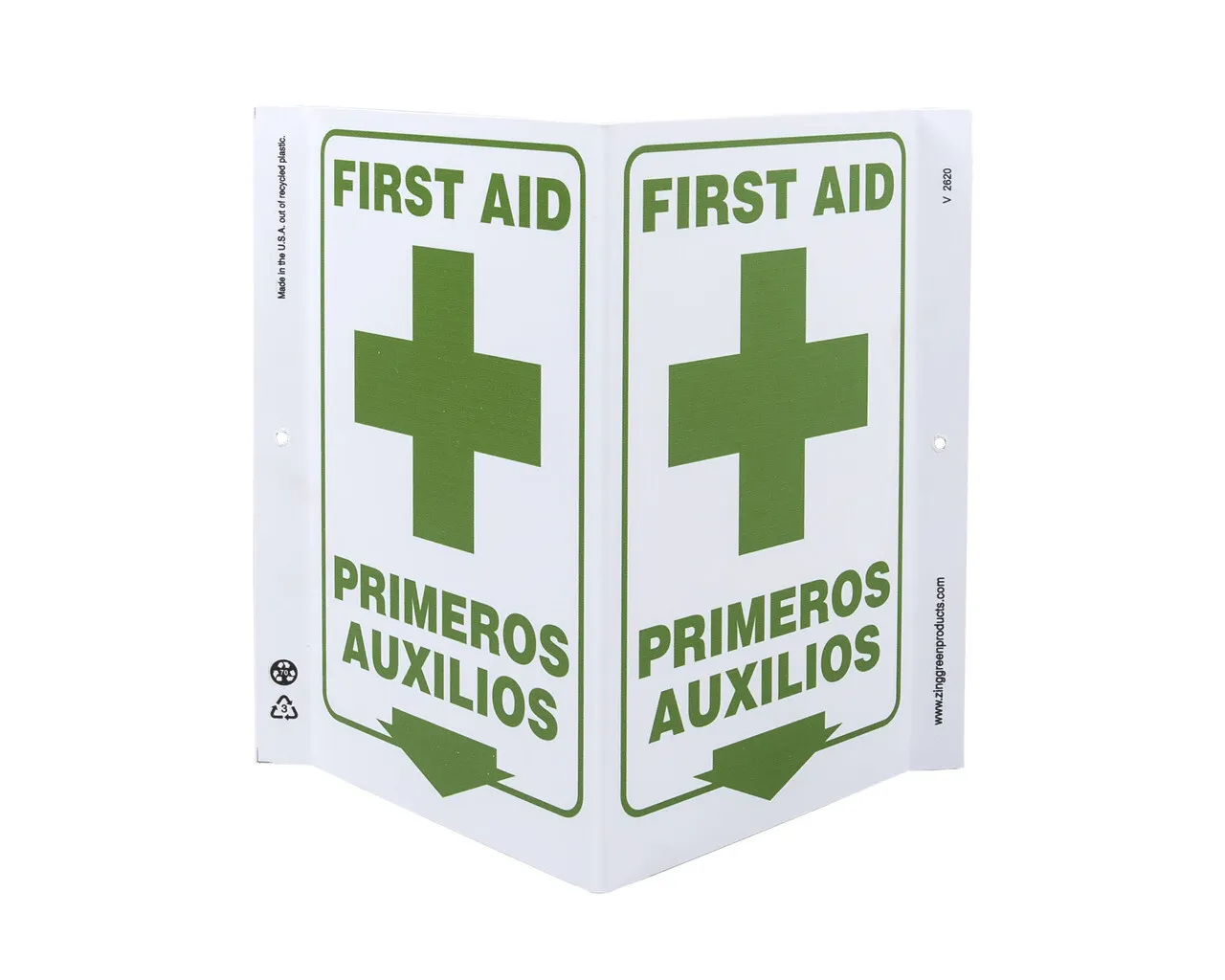 ZING 2620 Eco Safety V Sign, First Aid Bilingual, 11Hx7Wx5D, Recycled Plastic