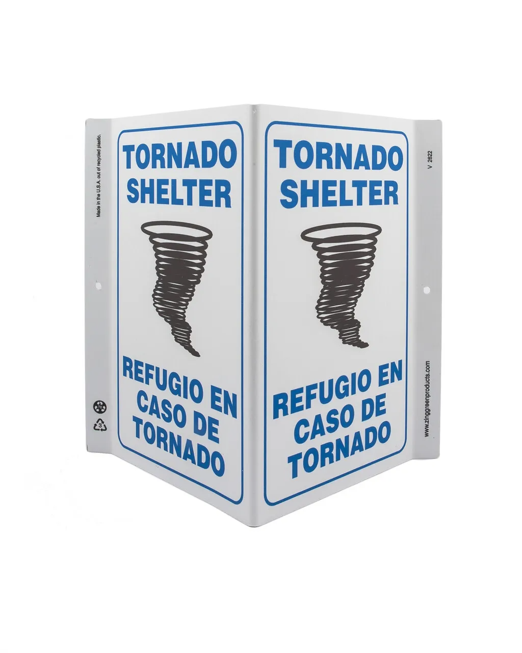 ZING 2622 Eco Safety V Sign, Tornado Shelter Bilingual, 11Hx7Wx5D, Recycled Plastic