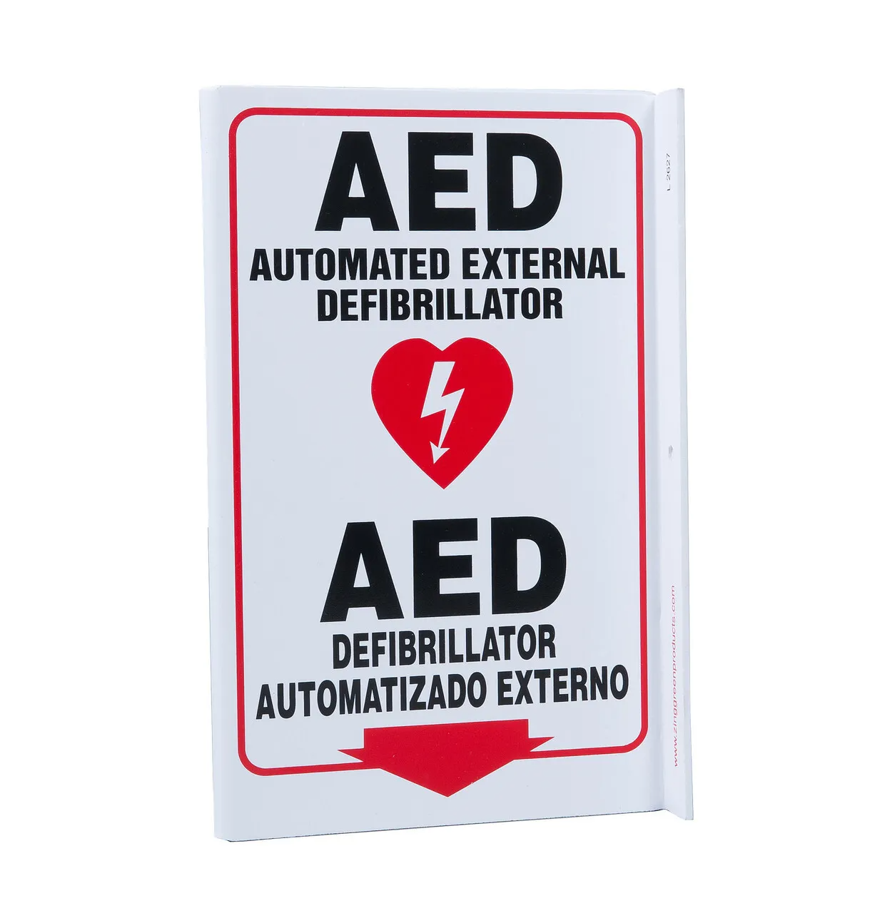 ZING 2627 Eco Safety L Sign, AED Bilingual, 11Hx2.5Wx8D, Recycled Plastic