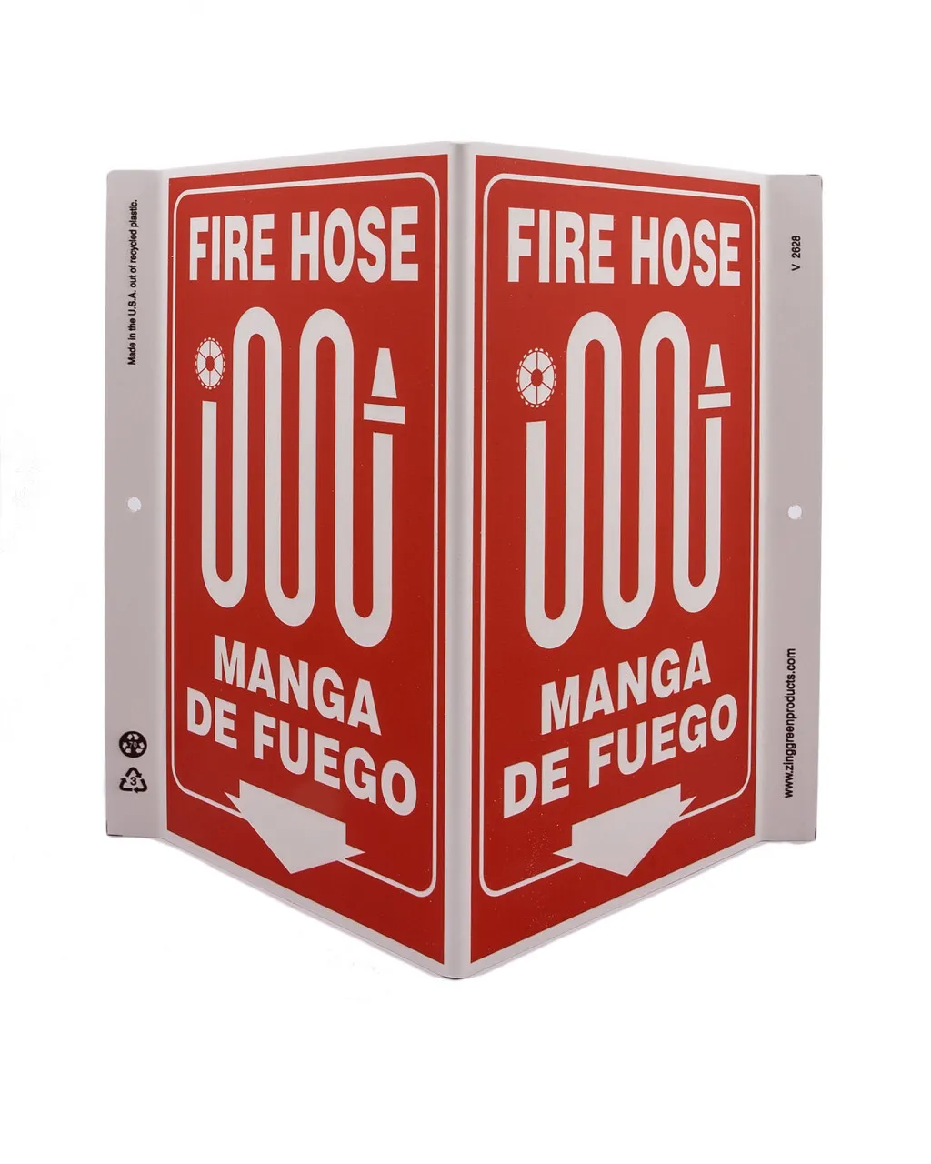 ZING 2628 Eco Safety V Sign, Fire Hose Bilingual, 11Hx7Wx5D, Recycled Plastic
