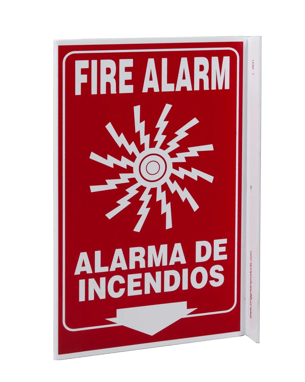 ZING 2631 Eco Safety L Sign, Fire Alarm Bilingual, 11Hx2.5Wx8D, Recycled Plastic