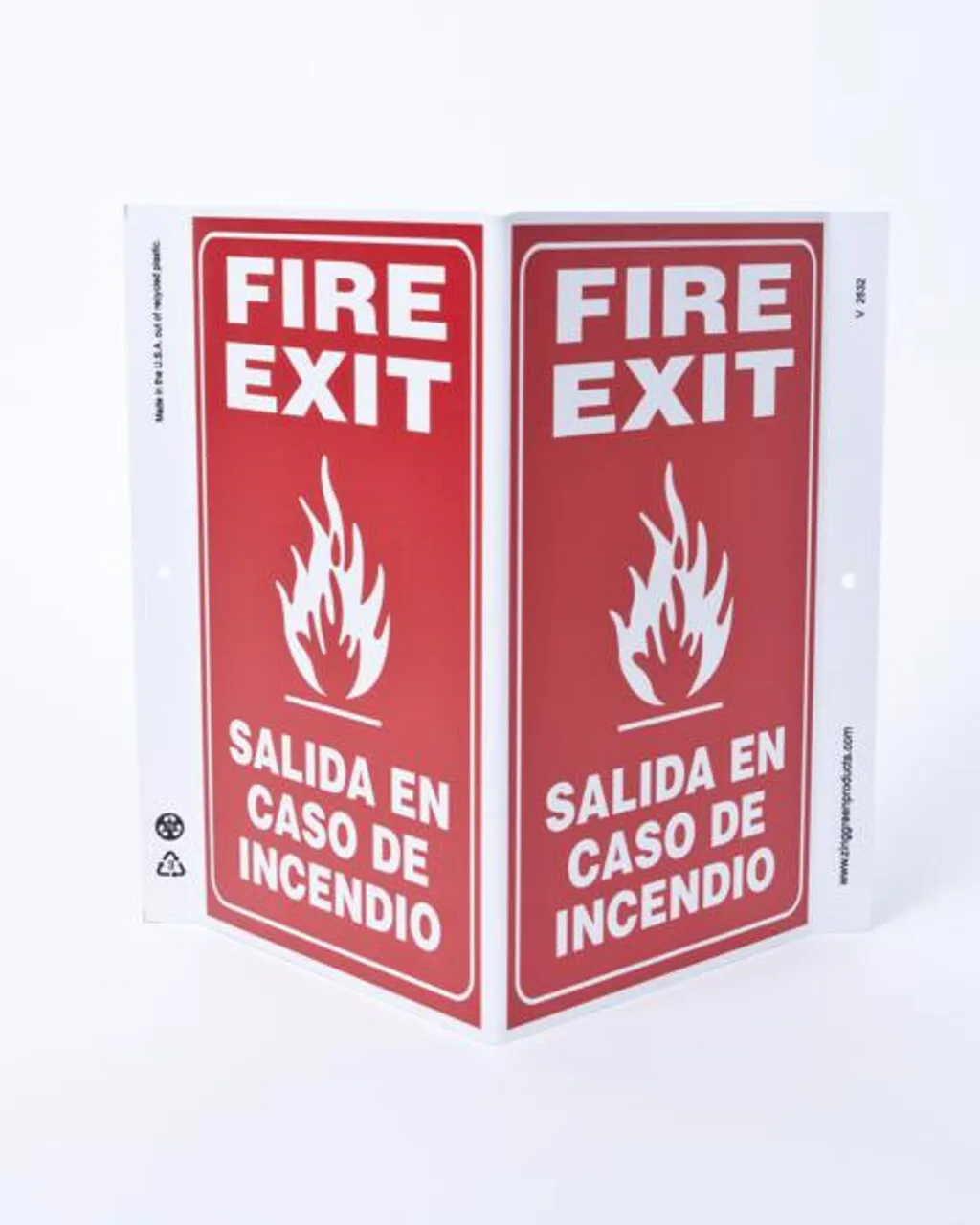 ZING 2632 Eco Safety V Sign, Fire Exit Bilingual, 11Hx7Wx5D, Recycled Plastic
