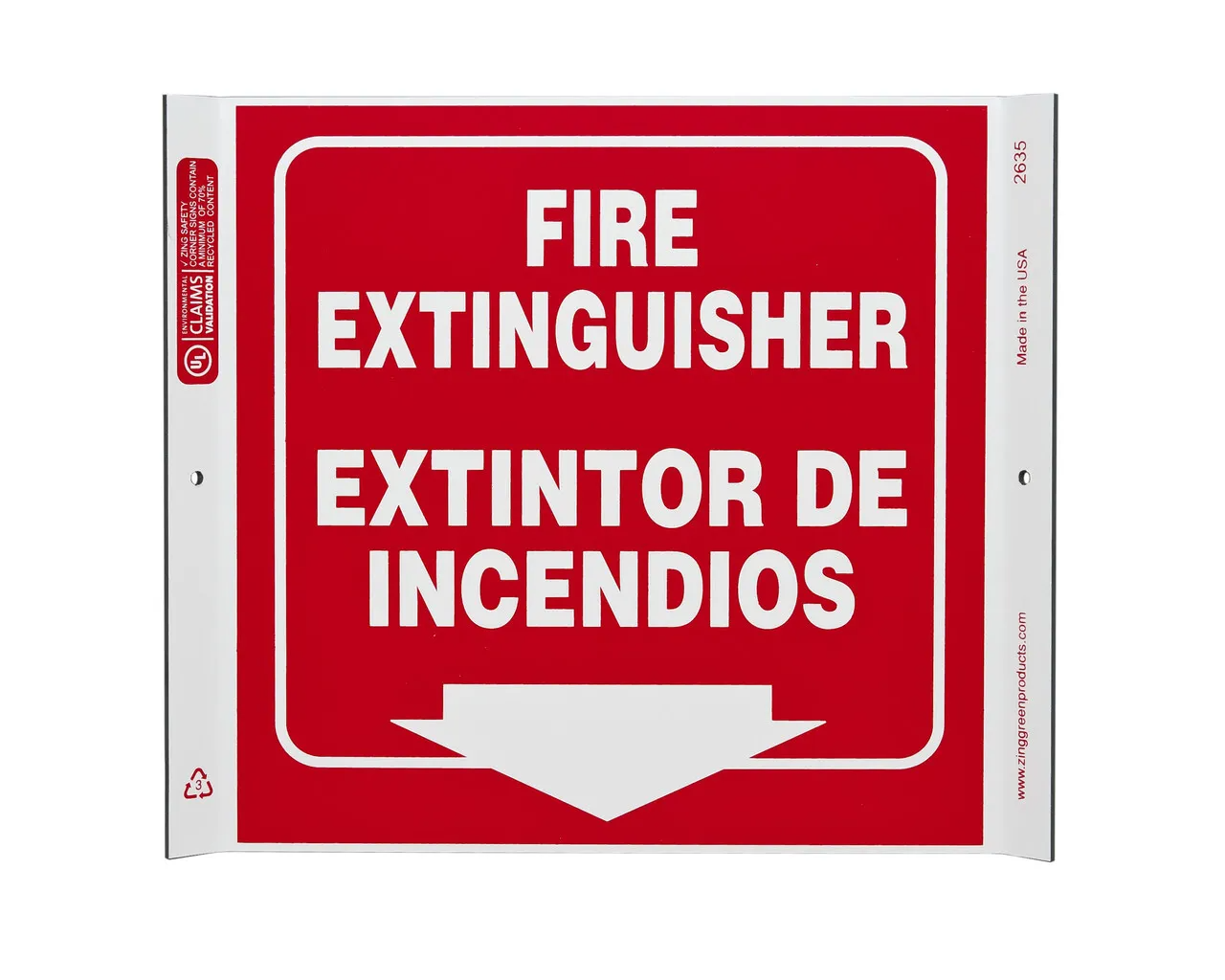 ZING 2635 Eco Safety Corner Sign, Fire Extinguisher Bilingual, 10Hx10W, Recycled Plastic